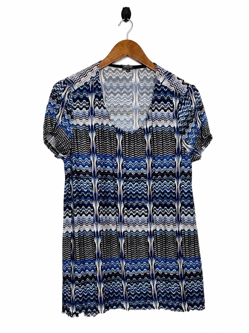 Hannah XL Blue Black White Chevron Print Short Sleeve Tunic Top